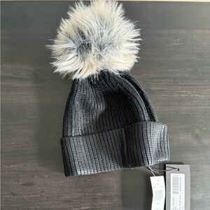 Jocelyn Black Knit Hat with Faux Fur Pom